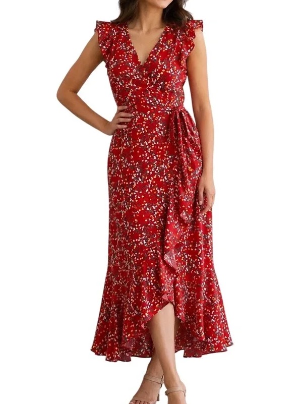 Max Studio Red Floral Wrap Dress Women’s Size Medium Nwt